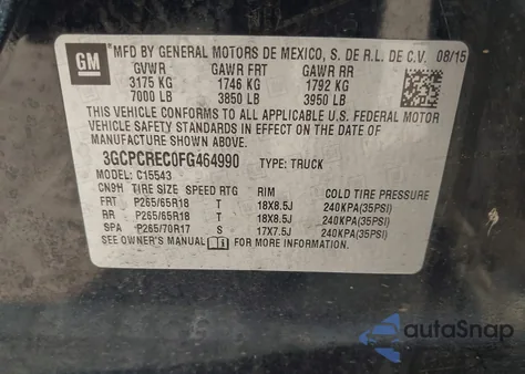 2015 Chevrolet Silverado 1500 1Lt from USA, damaged, VIN 3GCPCREC0FG464990